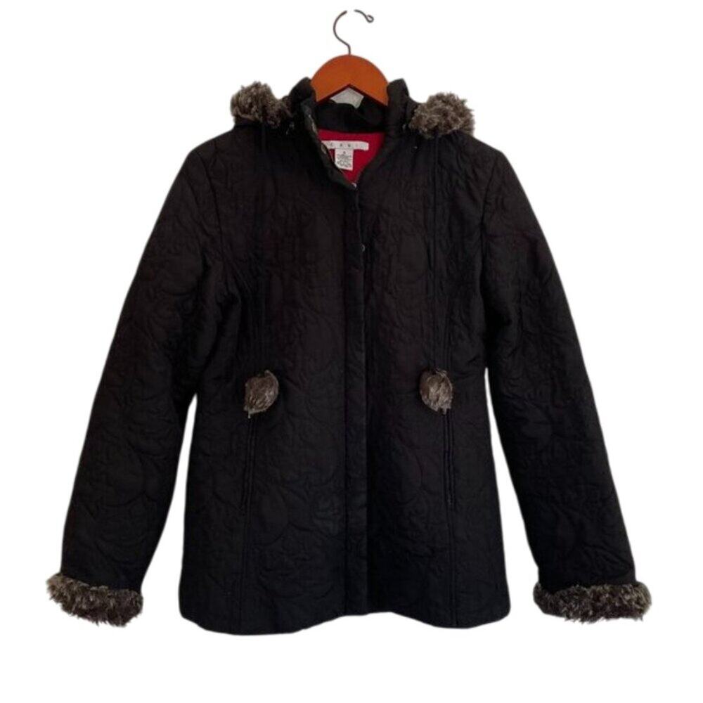 CAbi Plaza Thin Quilted Black Coat Faux Fur Trim, Zip Removable Hood, M